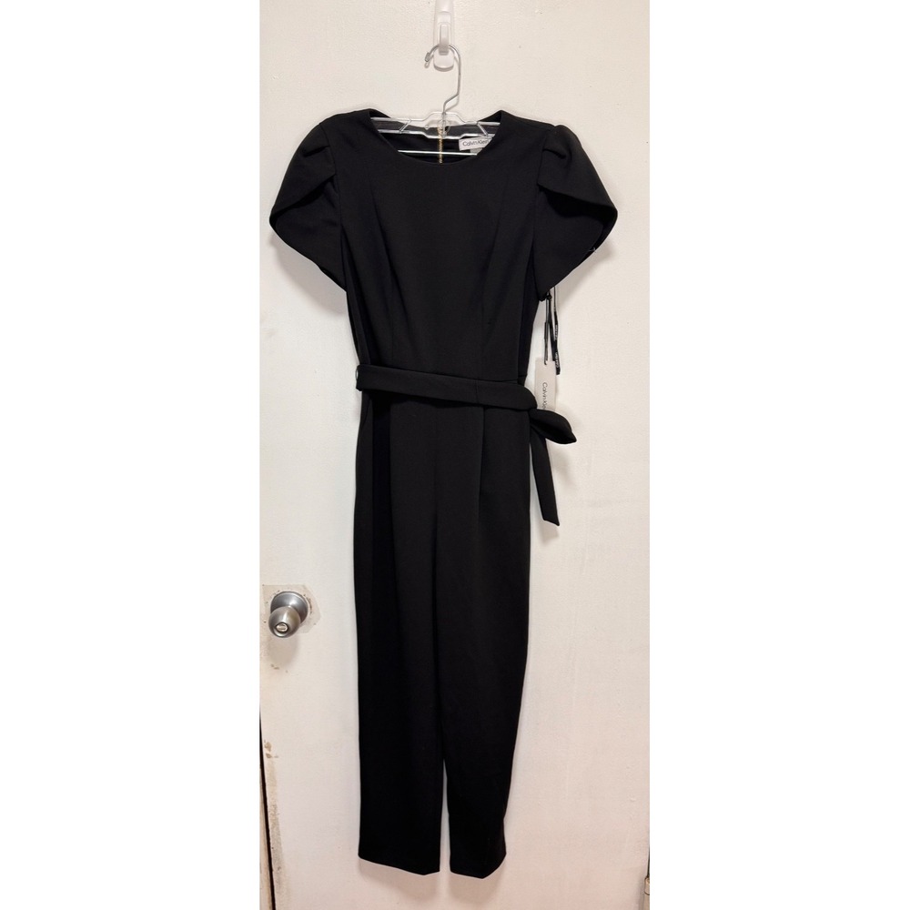 Calvin Klein Black Belted Cropped Jumpsuit Size 4 Cap Sleeve Gold Zip NWT